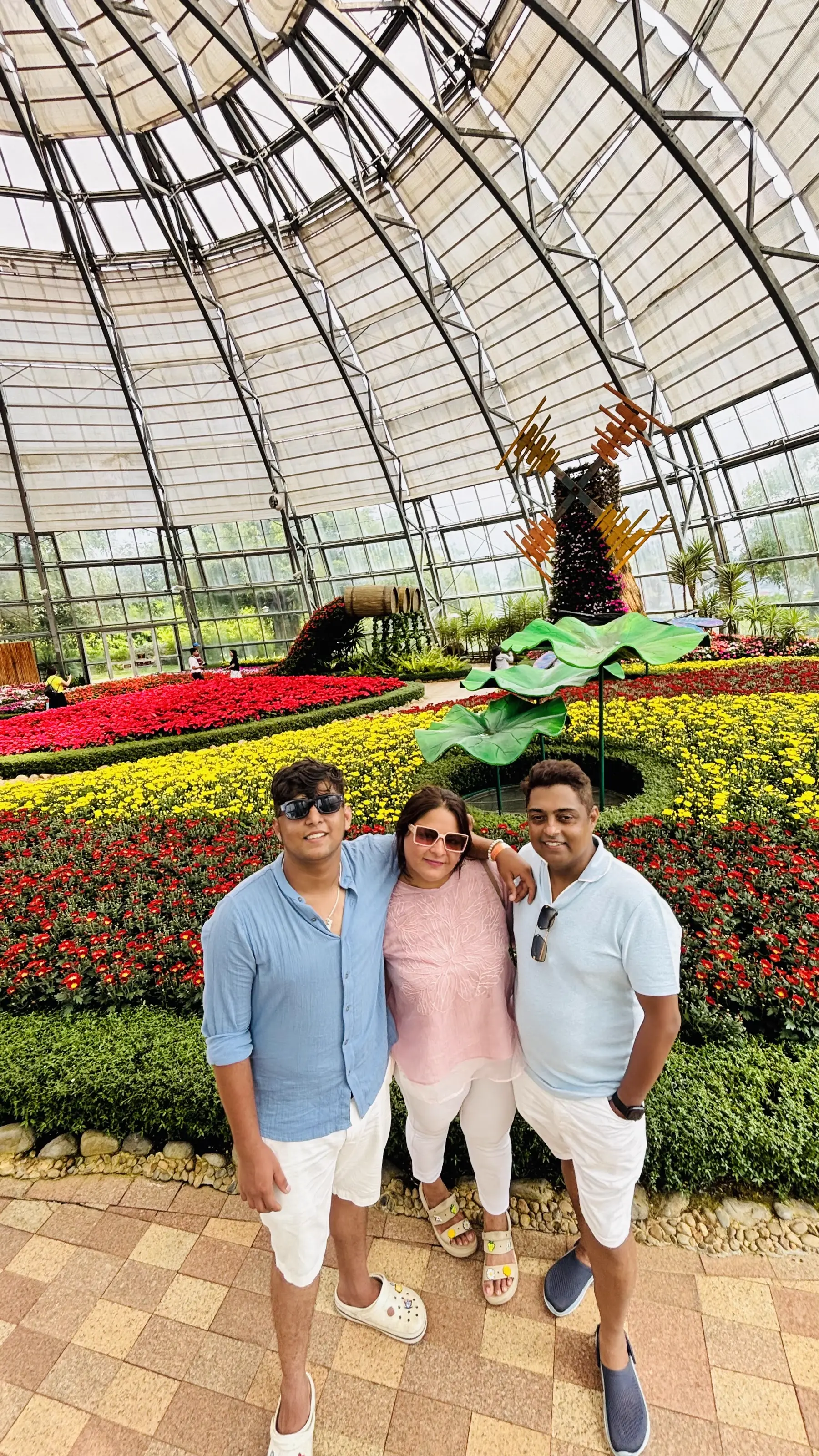 Family at a flower garden